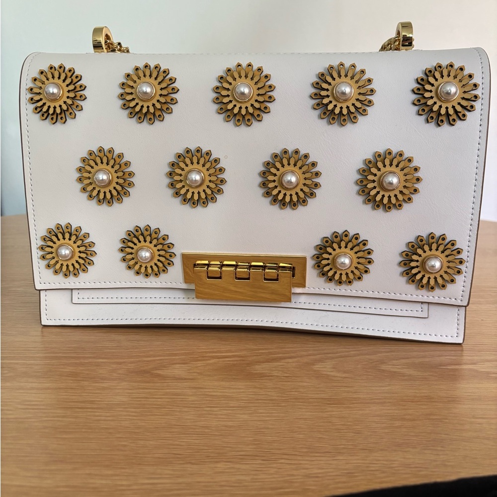 Zac Posen White Leather Shoulder Bag with Gold Floral Studs and Pearl Centers